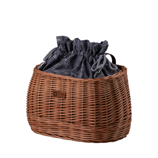 wicker bike basket with gray trim, removable drawstring bag and leather straps