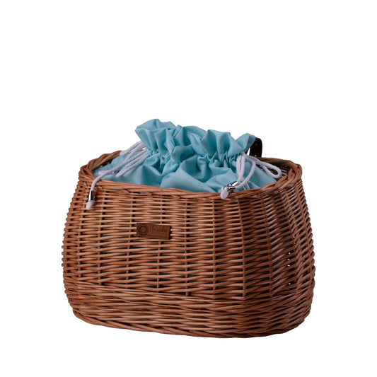 wicker bike basket with mint trim, removable liner bag and leather straps