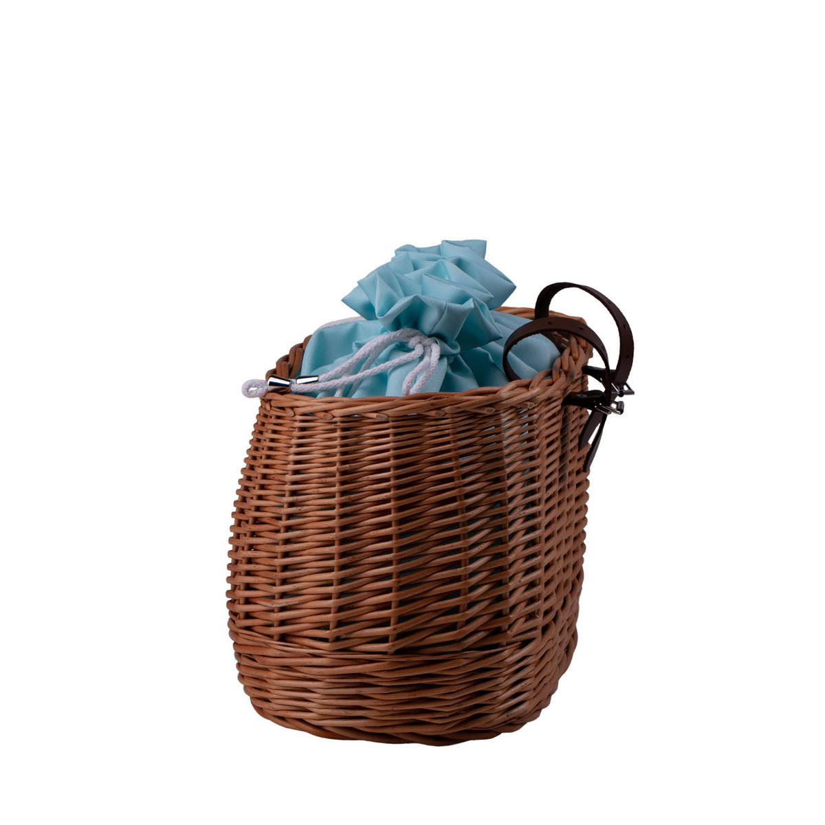 wicker bike basket with mint trim, removable liner bag and leather straps