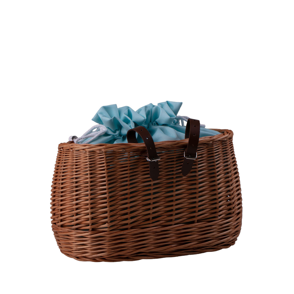 Marone wicker bike basket with mint trim, removable liner bag and leather straps TheWickerStories