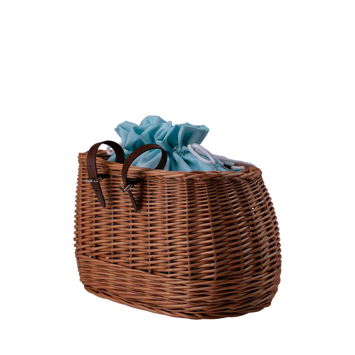 Marone wicker bike basket with mint trim, removable liner bag and leather straps TheWickerStories