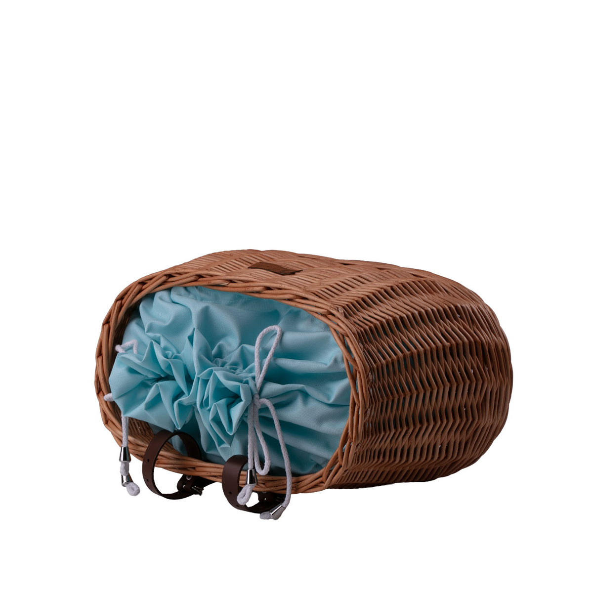 wicker bike basket with mint trim, removable liner bag and leather straps