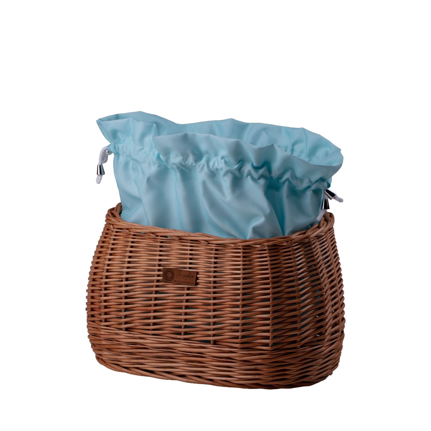 wicker bike basket with mint trim, removable liner bag and leather straps