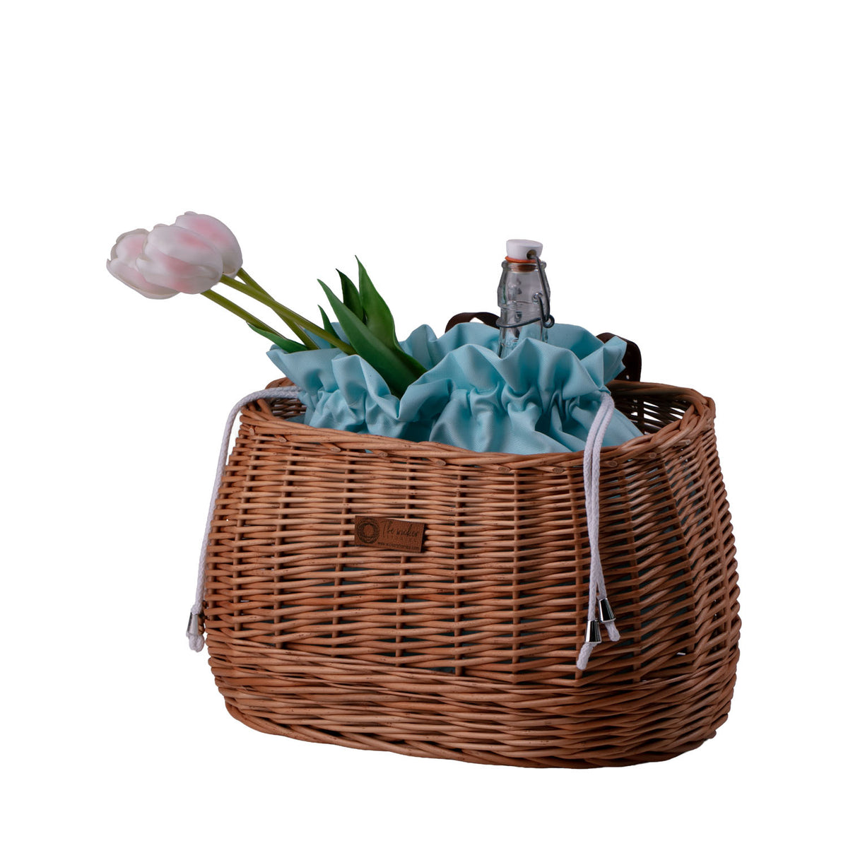 Marone wicker bike basket with mint trim, removable liner bag and leather straps TheWickerStories