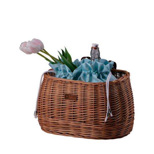 wicker bike basket with mint trim, removable liner bag and leather straps