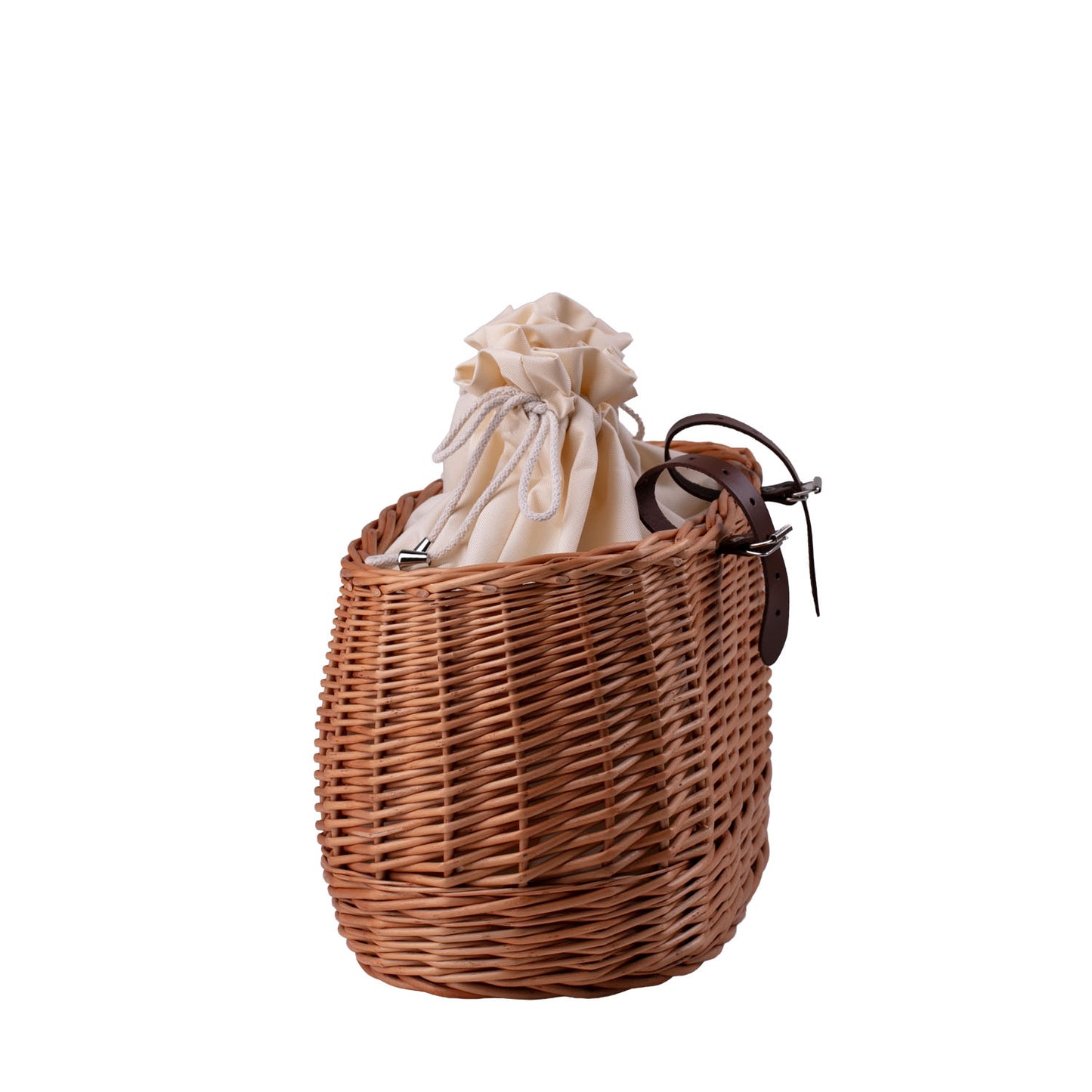 Marone wicker bike basket with cream trim, removable liner bag and leather straps TheWickerStories