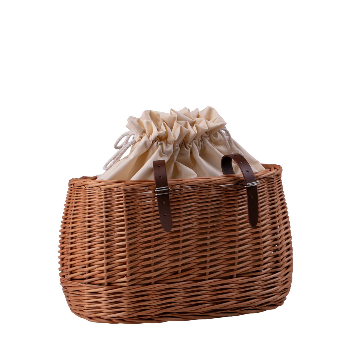 Marone wicker bike basket with cream trim, removable liner bag and leather straps TheWickerStories