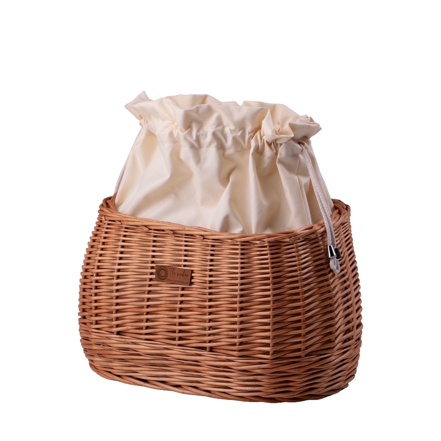 wicker bike basket with cream trim, removable liner bag and leather straps