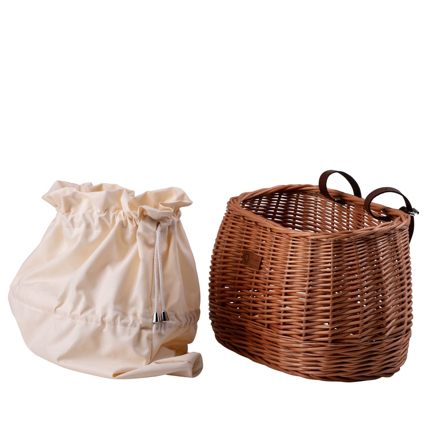 Marone wicker bike basket with cream trim, removable liner bag and leather straps TheWickerStories