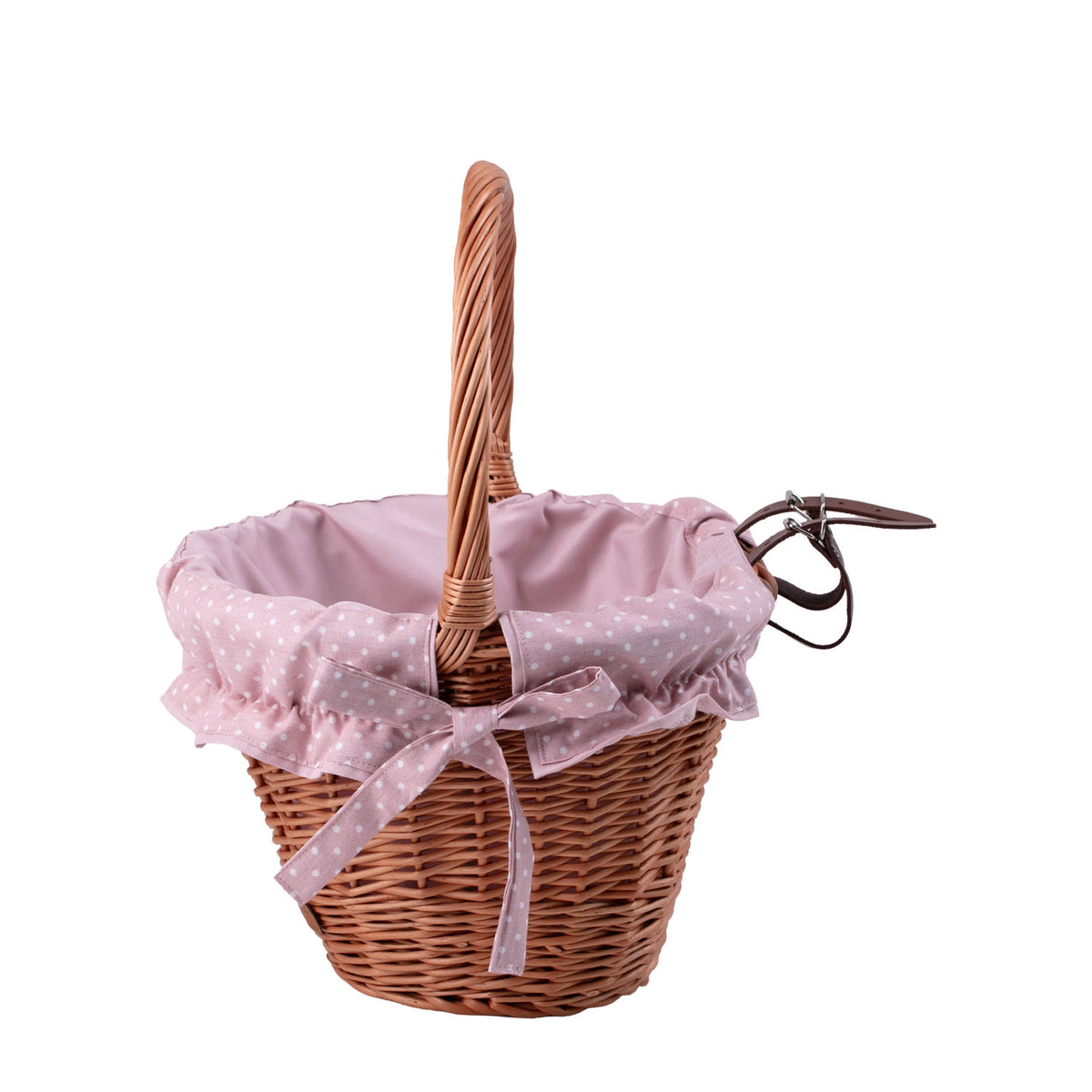 cesto in vimini per bicicletta con rifinitura rosa, cinturini in pelle e manico