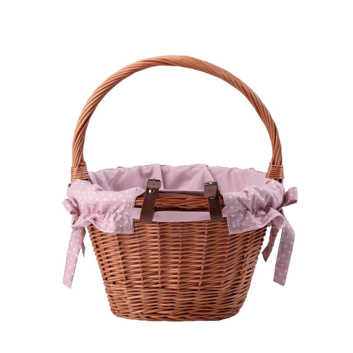 cesto in vimini per bicicletta con rifinitura rosa, cinturini in pelle e manico