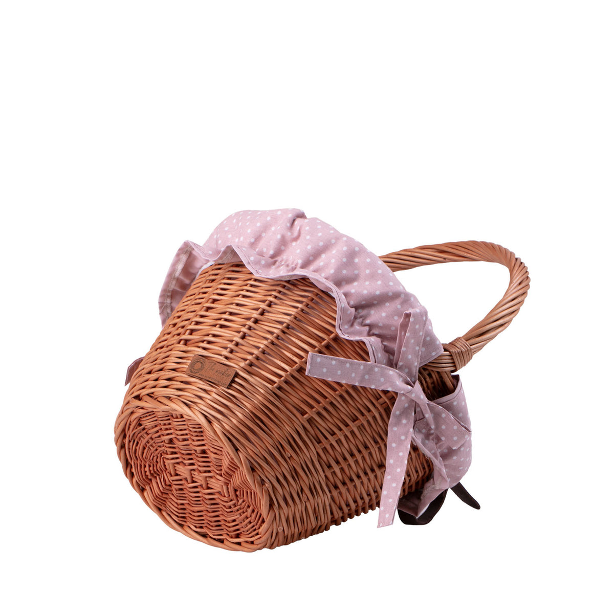 cesto in vimini per bicicletta con rifinitura rosa, cinturini in pelle e manico