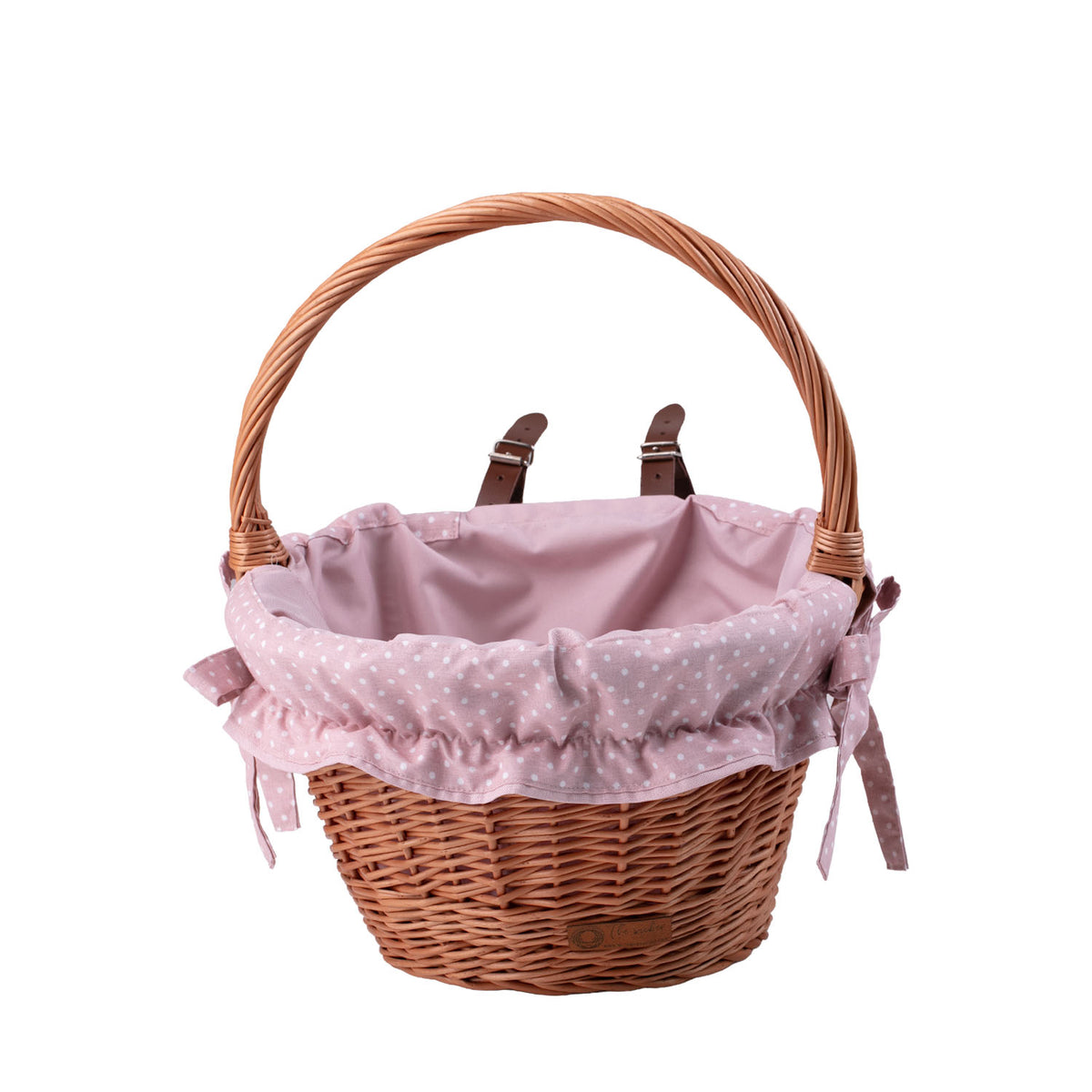 cesto in vimini per bicicletta con rifinitura rosa, cinturini in pelle e manico