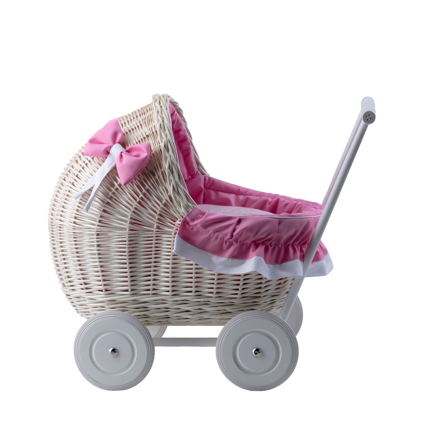 Lili korgvagn för dockor med rosa kant, täcke och kudde TheWickerStories