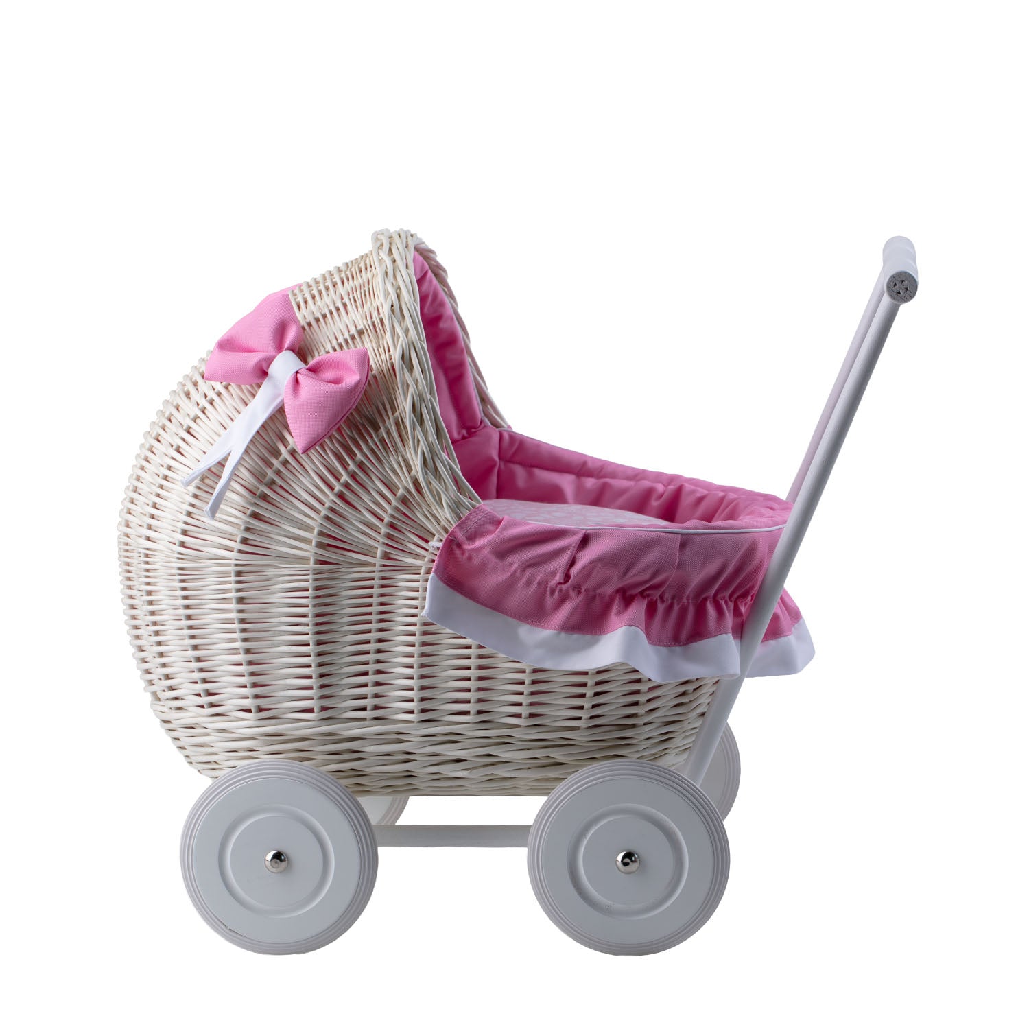 korgvagn för dockor med rosa kant, täcke och kudde