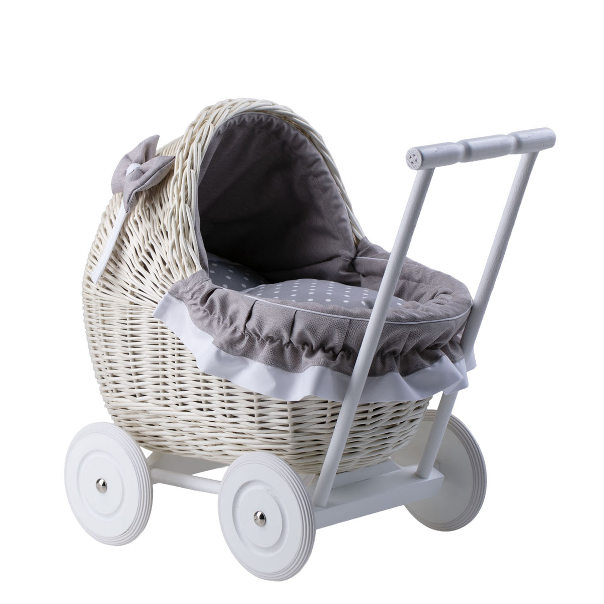Lili coche de mimbre para muñecas con ribete gris, edredón y almohada TheWickerStories