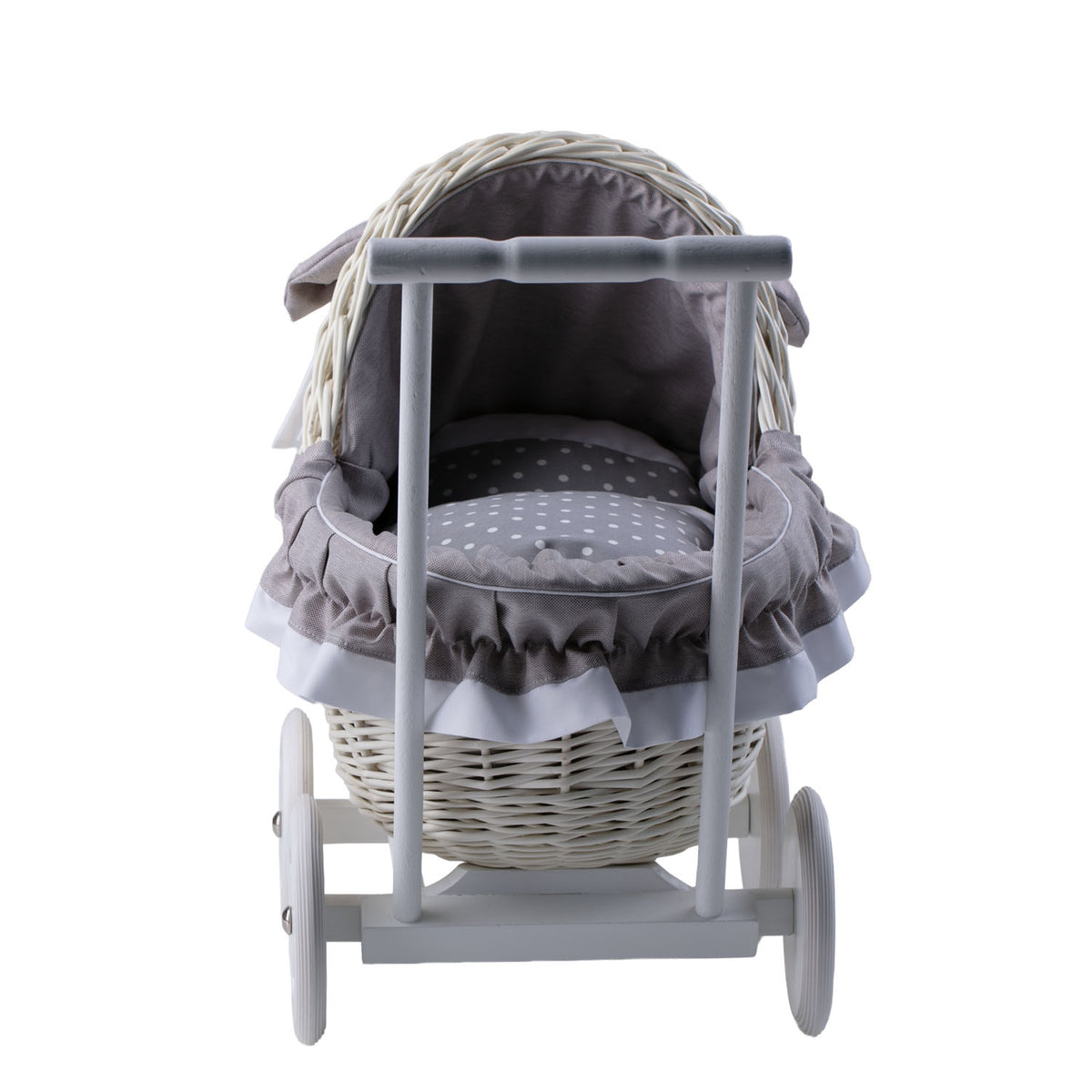 Lili coche de mimbre para muñecas con ribete gris, edredón y almohada TheWickerStories