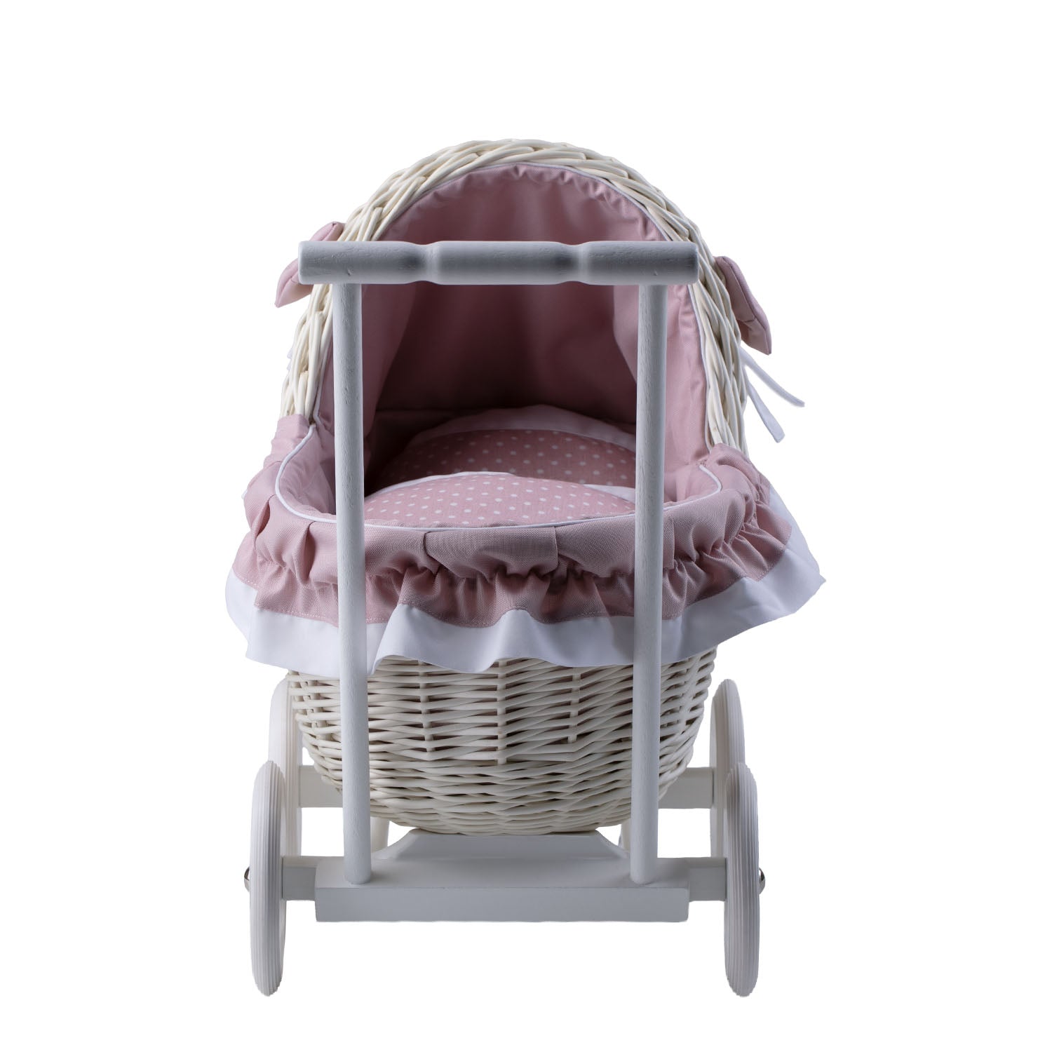 korgvagn för dockor med rosa kant, täcke och kudde