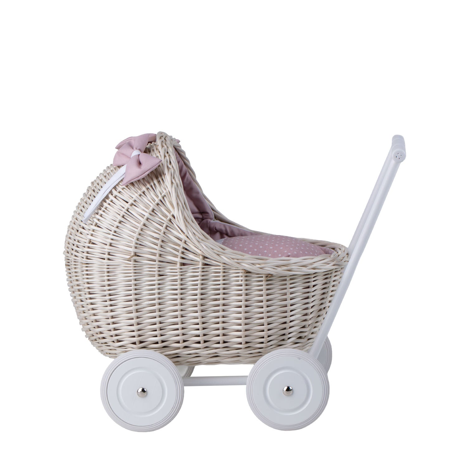 korgvagn för dockor med rosa kant, täcke och kudde