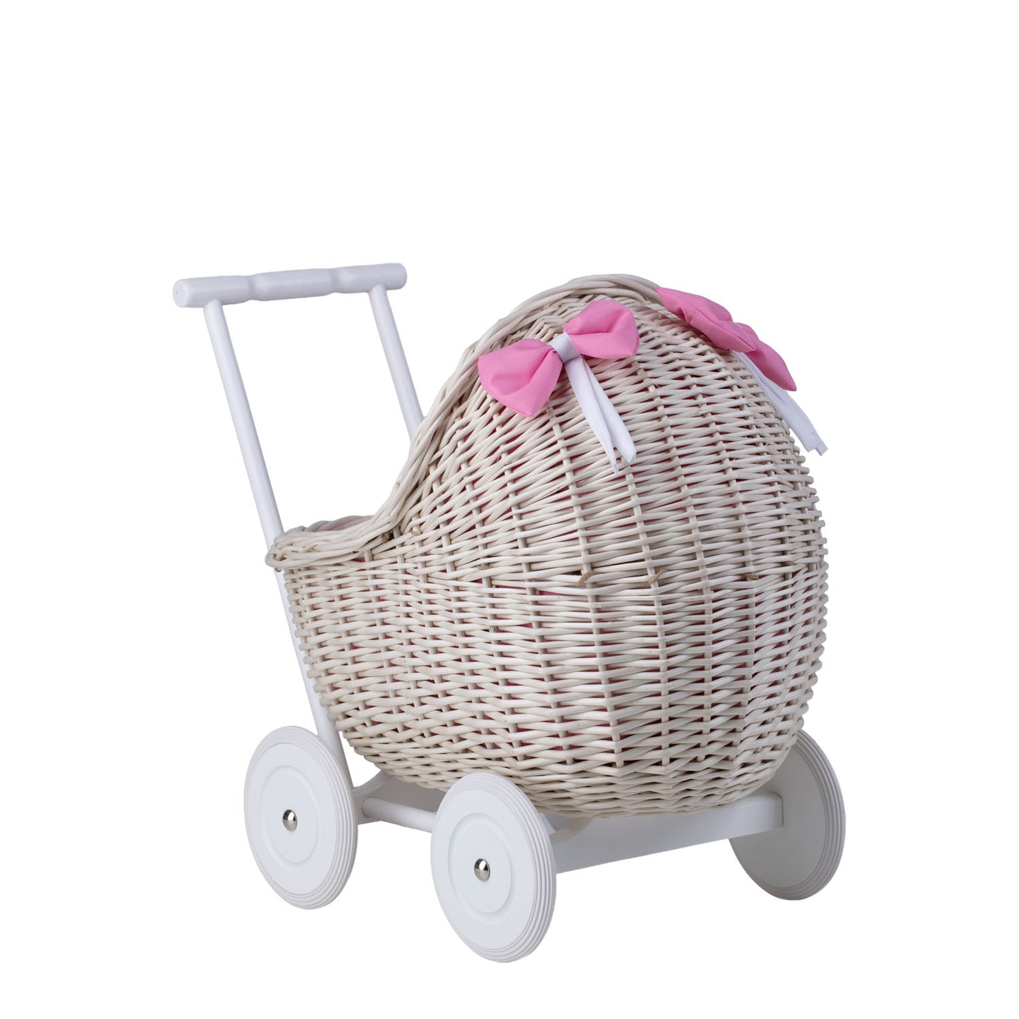 Lili carrozzina in vimini per bambole con rifinitura rosa, copertina e cuscino TheWickerStories