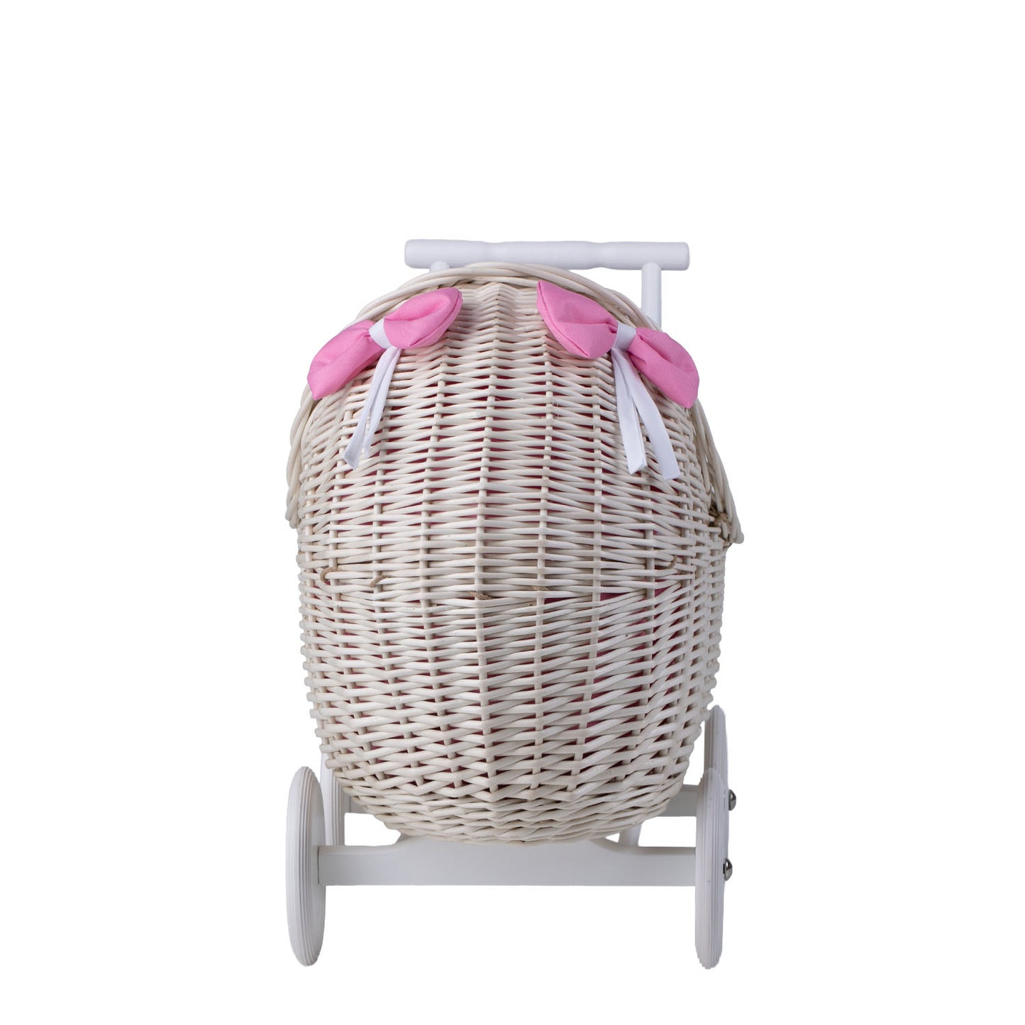 Lili carrozzina in vimini per bambole con rifinitura rosa, copertina e cuscino TheWickerStories