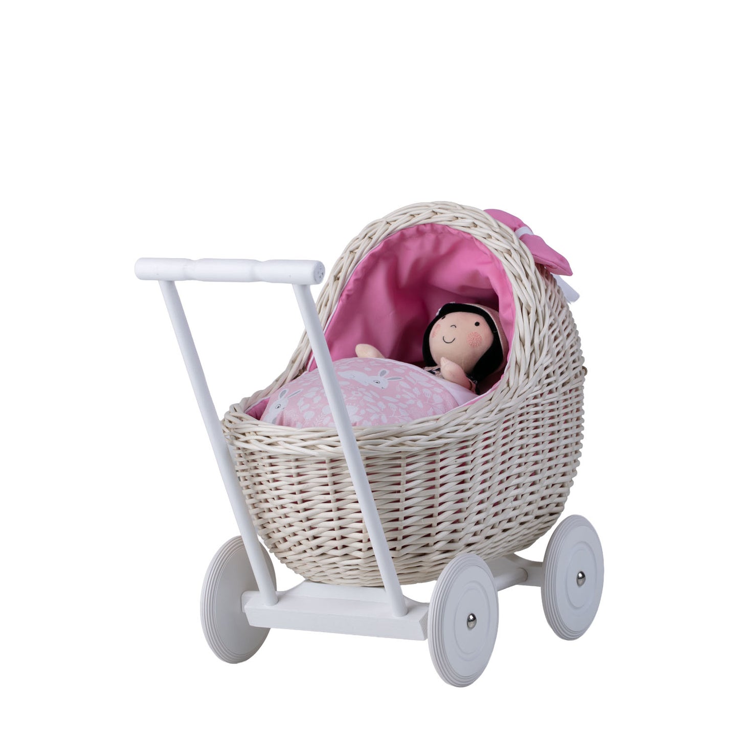 Lili carrozzina in vimini per bambole con rifinitura rosa, copertina e cuscino TheWickerStories