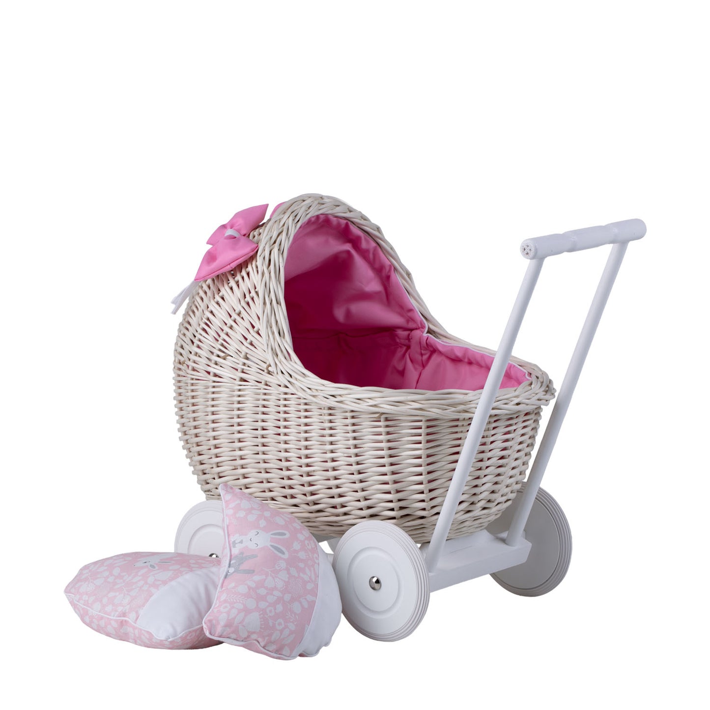 Lili carrozzina in vimini per bambole con rifinitura rosa, copertina e cuscino TheWickerStories