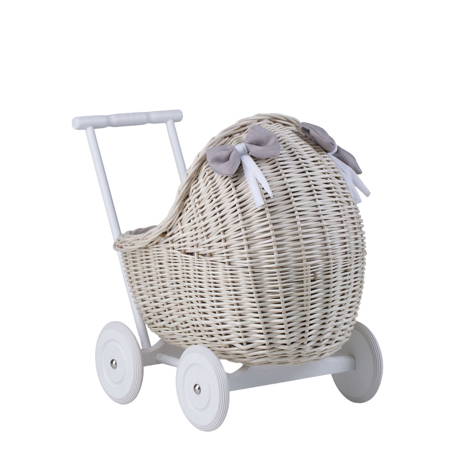 Lili wicker doll stroller with gray trim, blanket, and pillow TheWickerStories