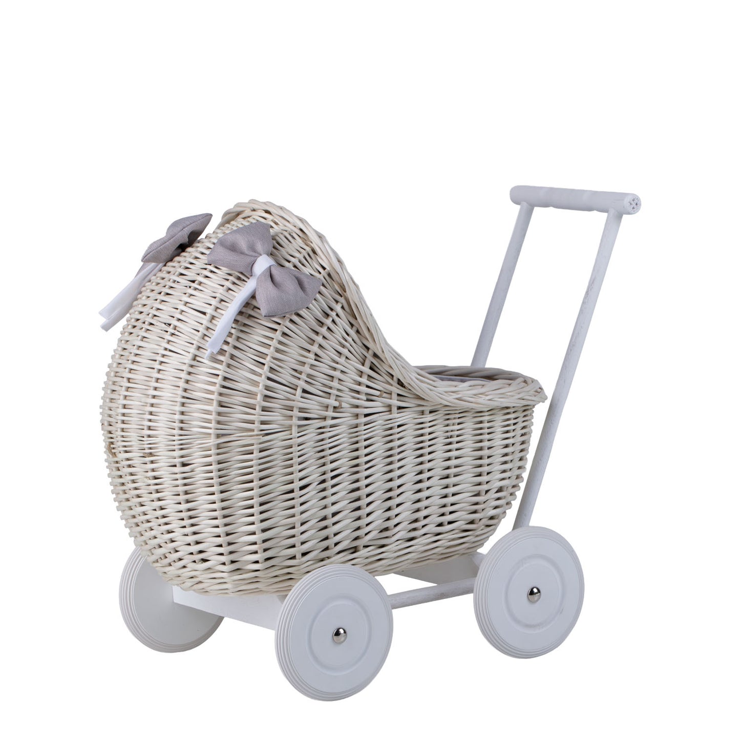 Lili wicker doll stroller with gray trim, blanket, and pillow TheWickerStories