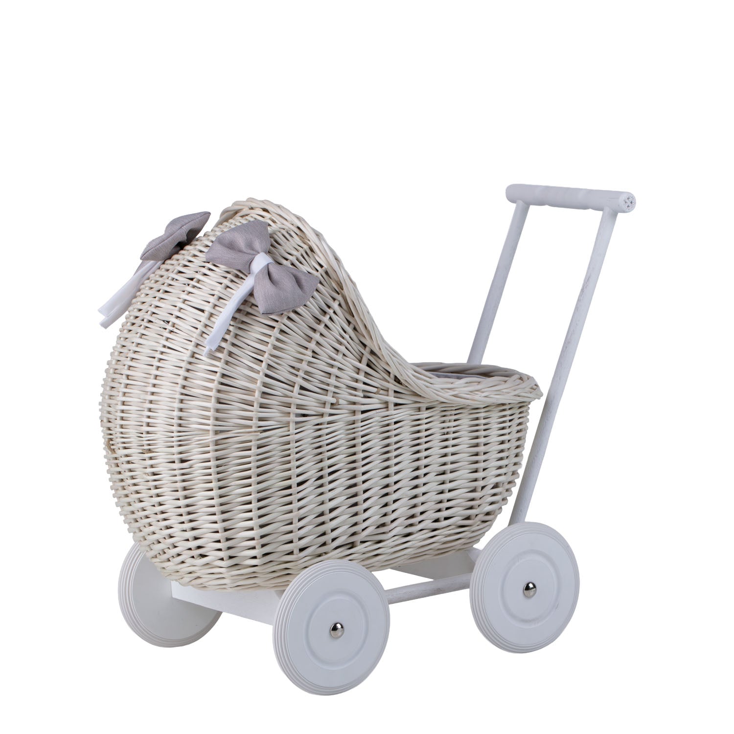 wicker doll stroller with gray trim, blanket, and pillow