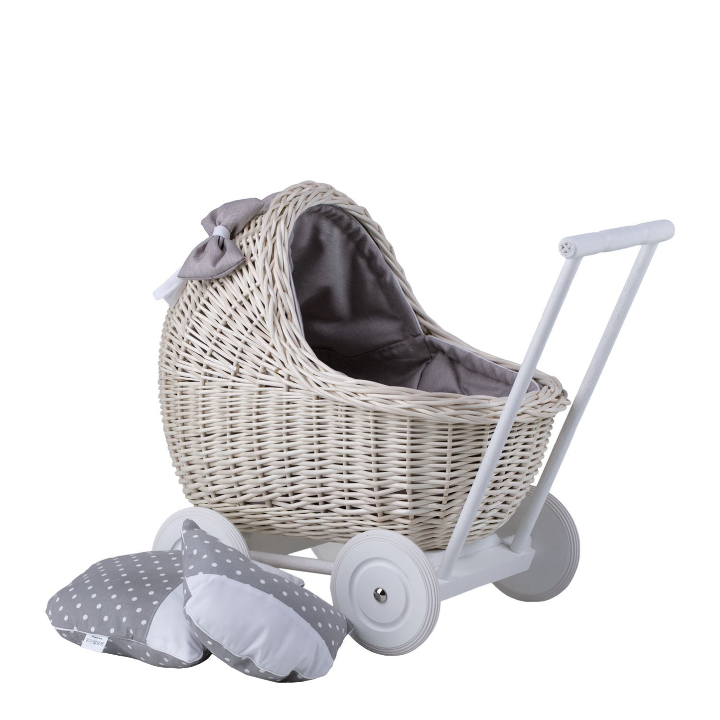 Lili wicker doll stroller with gray trim, blanket, and pillow TheWickerStories