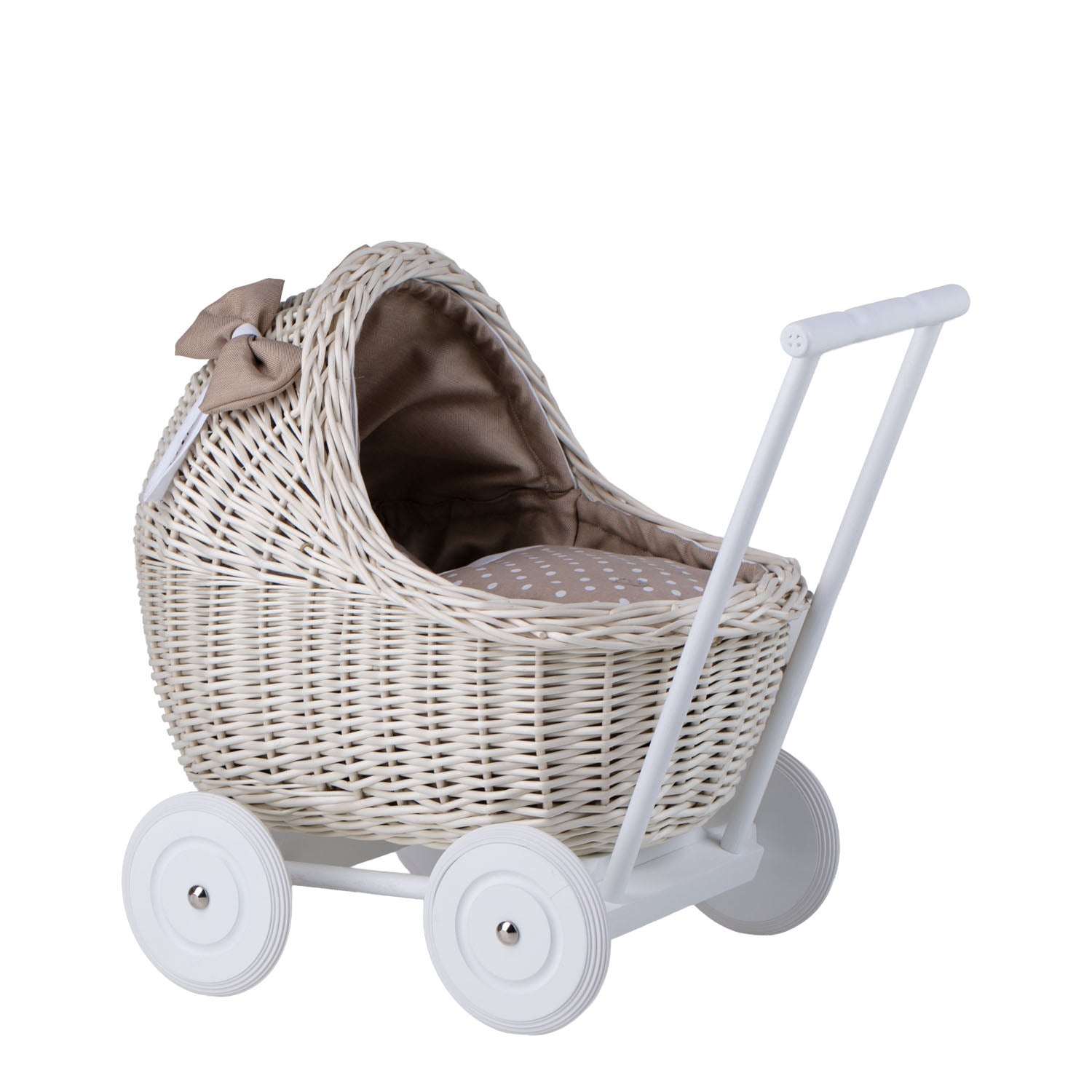 carrozzina in vimini per bambole con rifiniture beige, copertina e cuscino