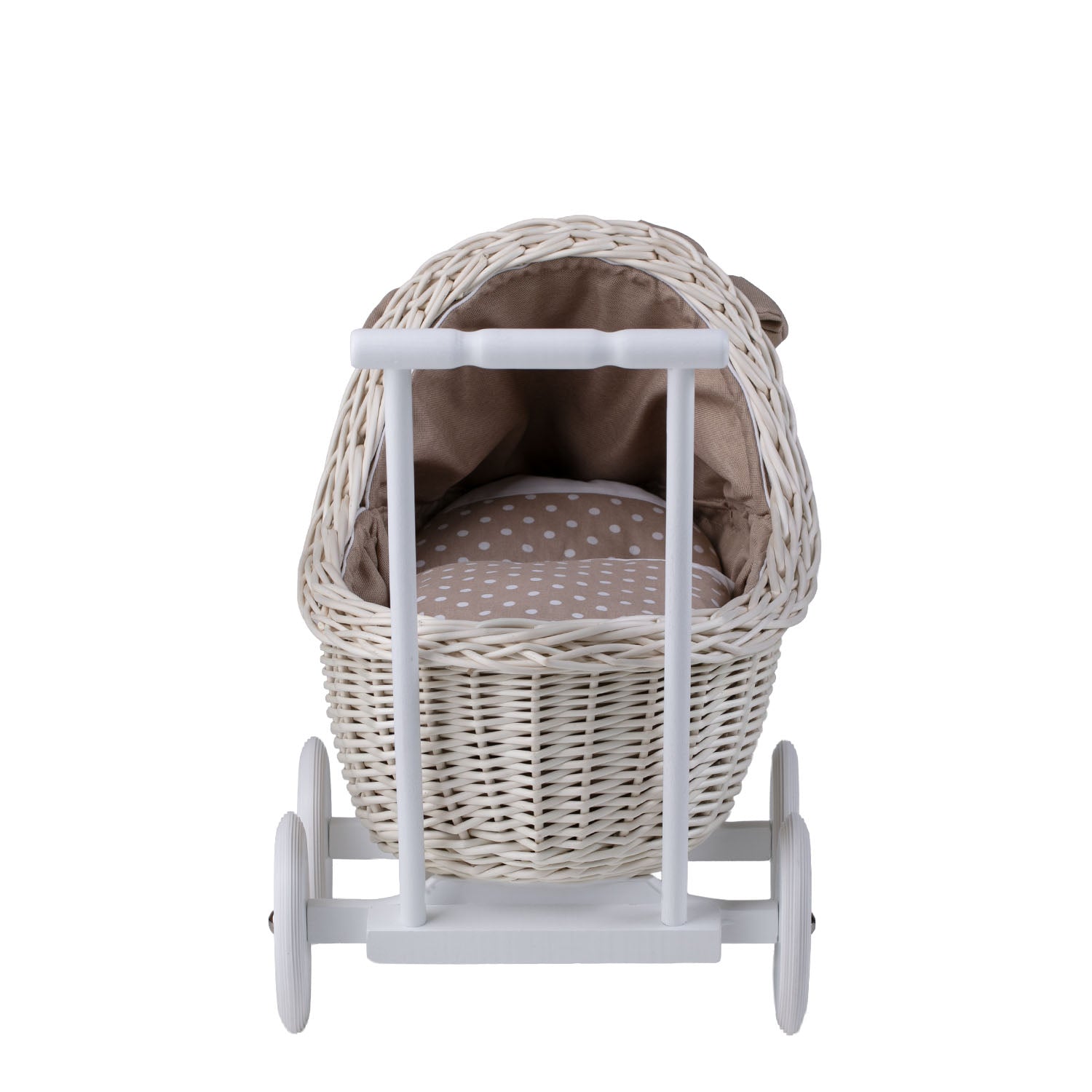 carrozzina in vimini per bambole con rifiniture beige, copertina e cuscino