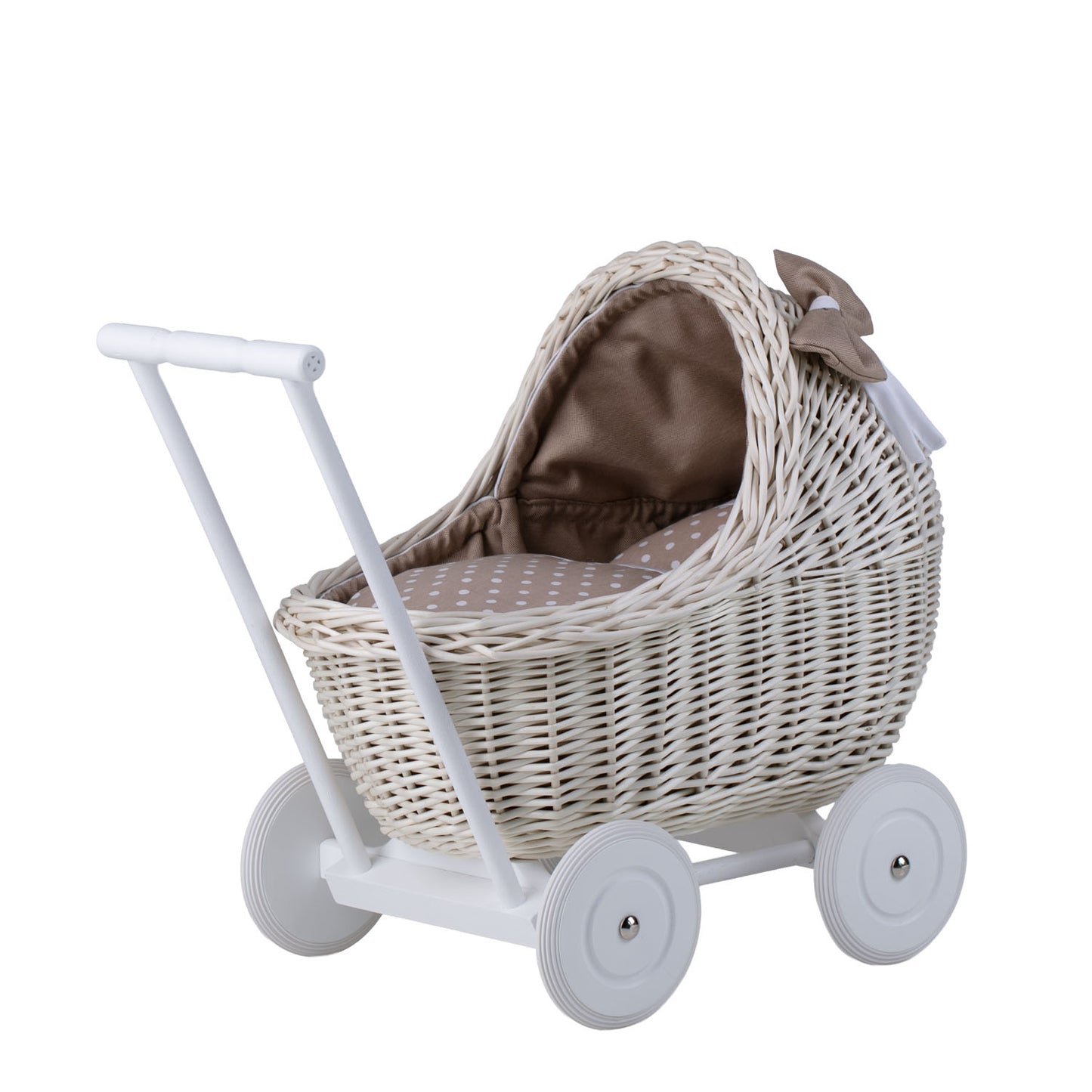 Lili carrozzina in vimini per bambole con rifiniture beige, copertina e cuscino TheWickerStories