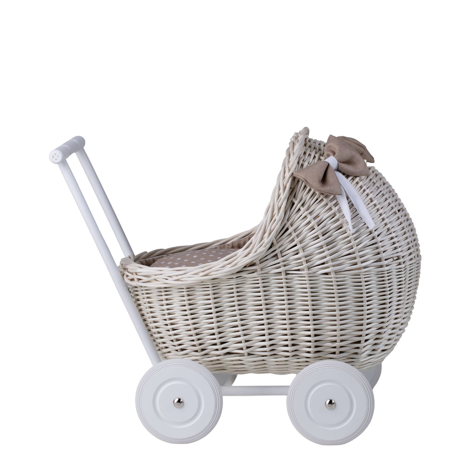 carrozzina in vimini per bambole con rifiniture beige, copertina e cuscino