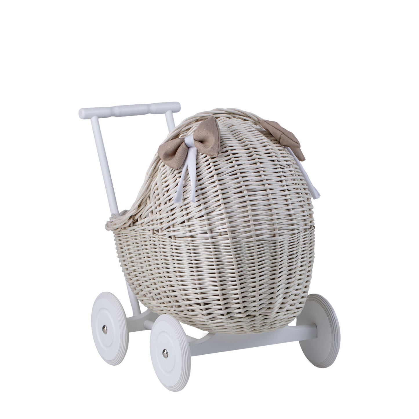 Lili carrozzina in vimini per bambole con rifiniture beige, copertina e cuscino TheWickerStories