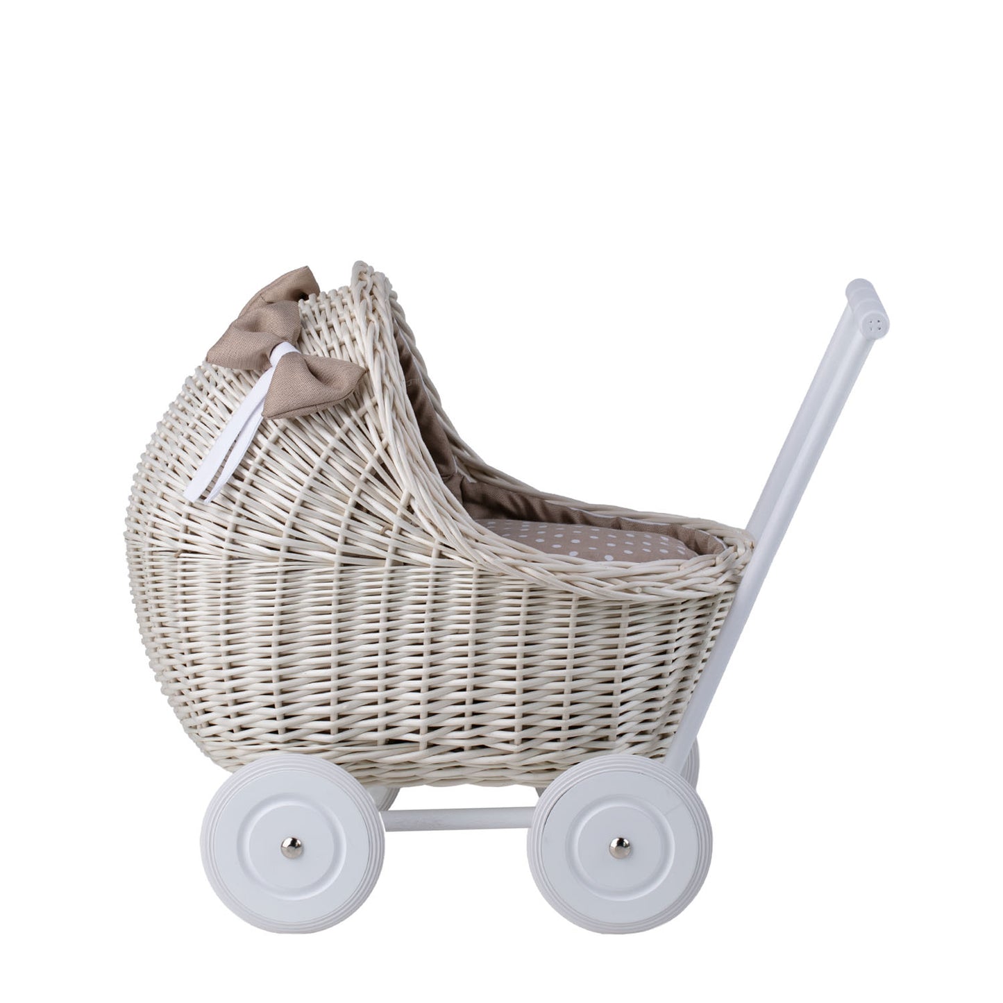 Lili carrozzina in vimini per bambole con rifiniture beige, copertina e cuscino TheWickerStories
