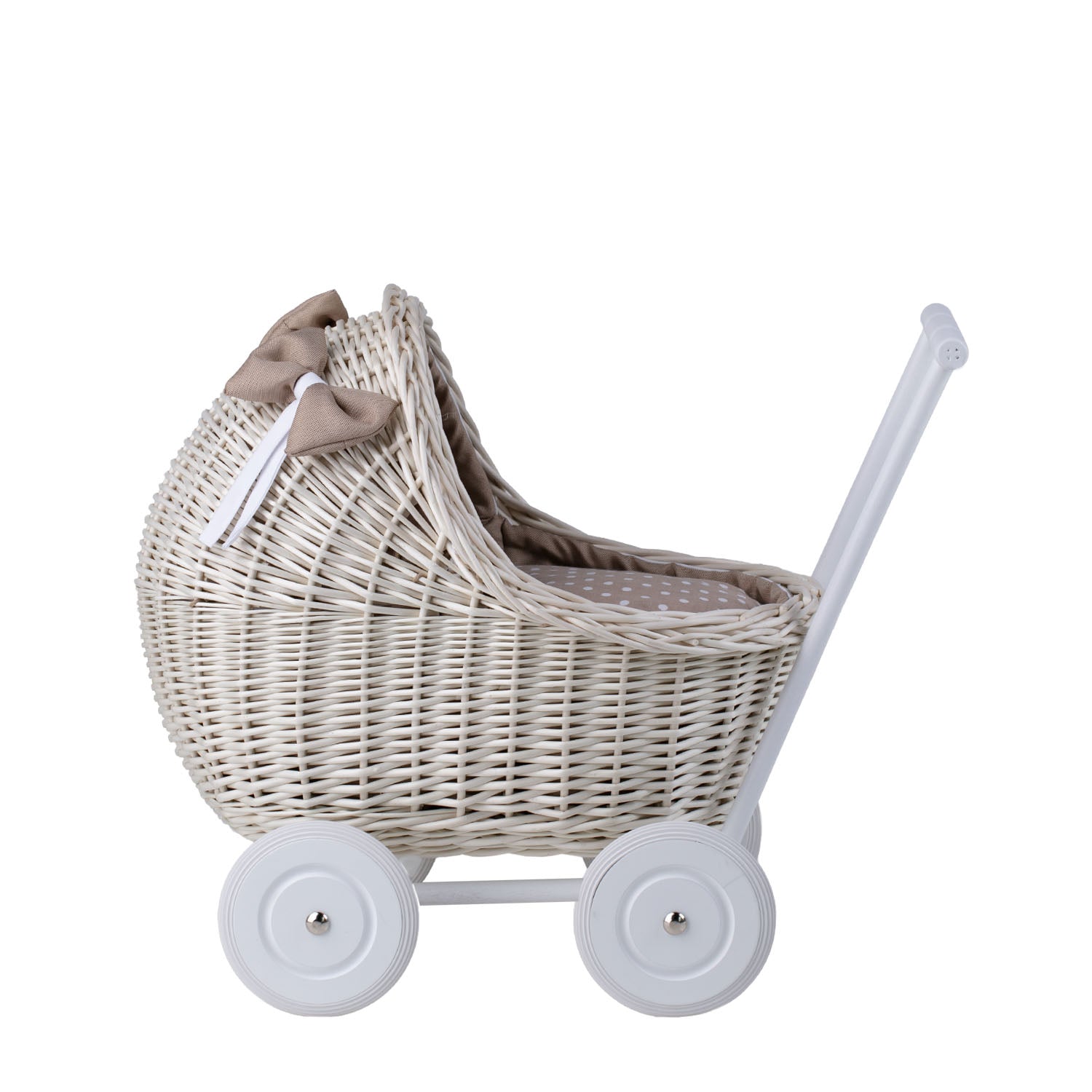 carrozzina in vimini per bambole con rifiniture beige, copertina e cuscino