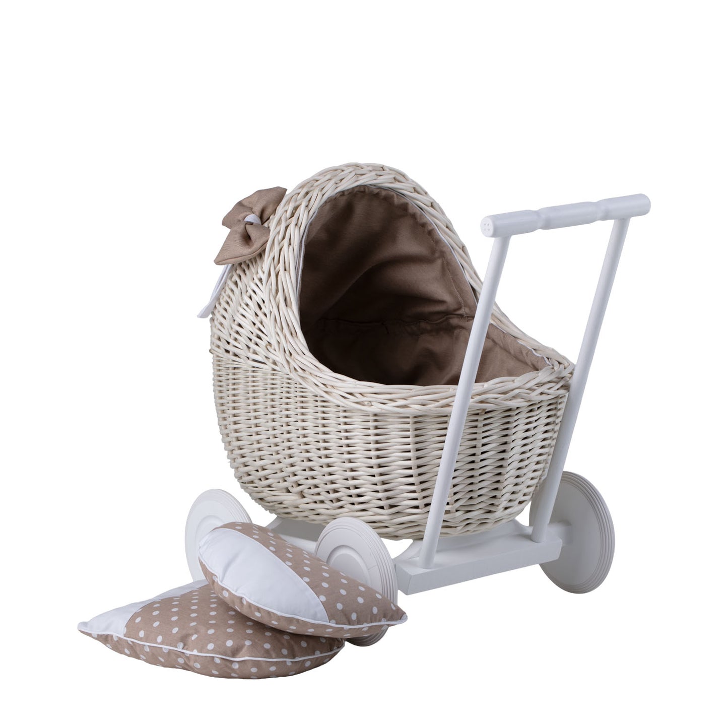 Lili carrozzina in vimini per bambole con rifiniture beige, copertina e cuscino TheWickerStories