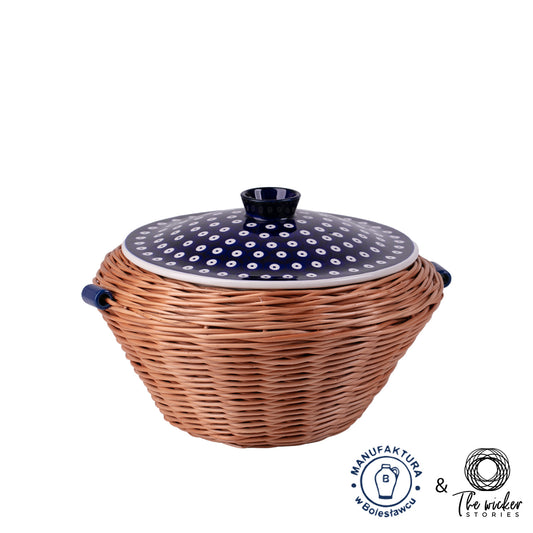 Manufaktura w Bolesławcu round wicker bread box, bread basket, baked goods basket with ceramic lid and fabric trim TheWickerStories