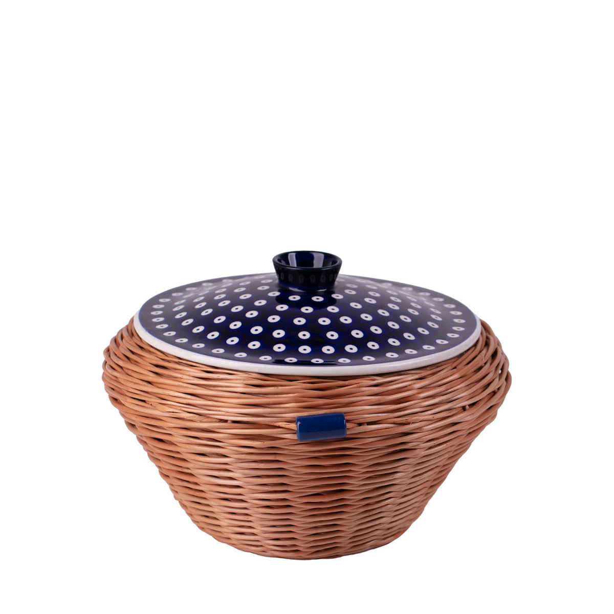 Manufaktura w Bolesławcu round wicker bowl, fruit basket and bakery/bread basket with ceramic lid and trim TheWickerStories