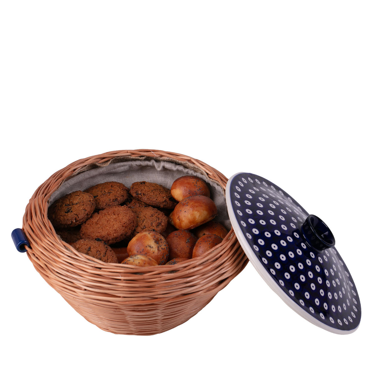 Manufaktura w Bolesławcu round wicker bowl, fruit basket and bakery/bread basket with ceramic lid and trim TheWickerStories