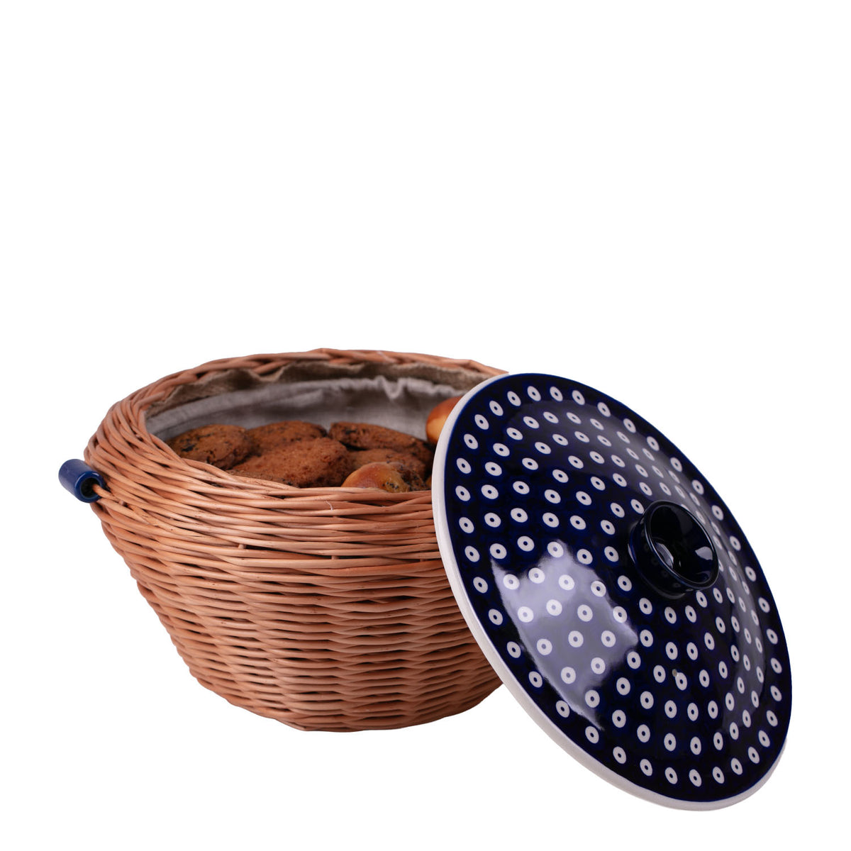 Manufaktura w Bolesławcu round wicker bread box, bread basket, baked goods basket with ceramic lid and fabric trim TheWickerStories