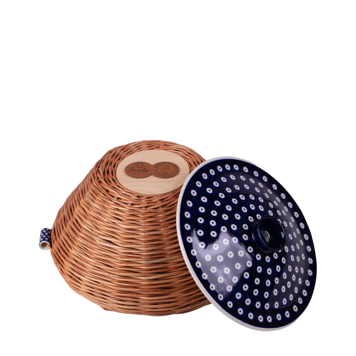 Manufaktura w Bolesławcu round wicker bread box, bread basket, baked goods basket with ceramic lid and fabric trim TheWickerStories