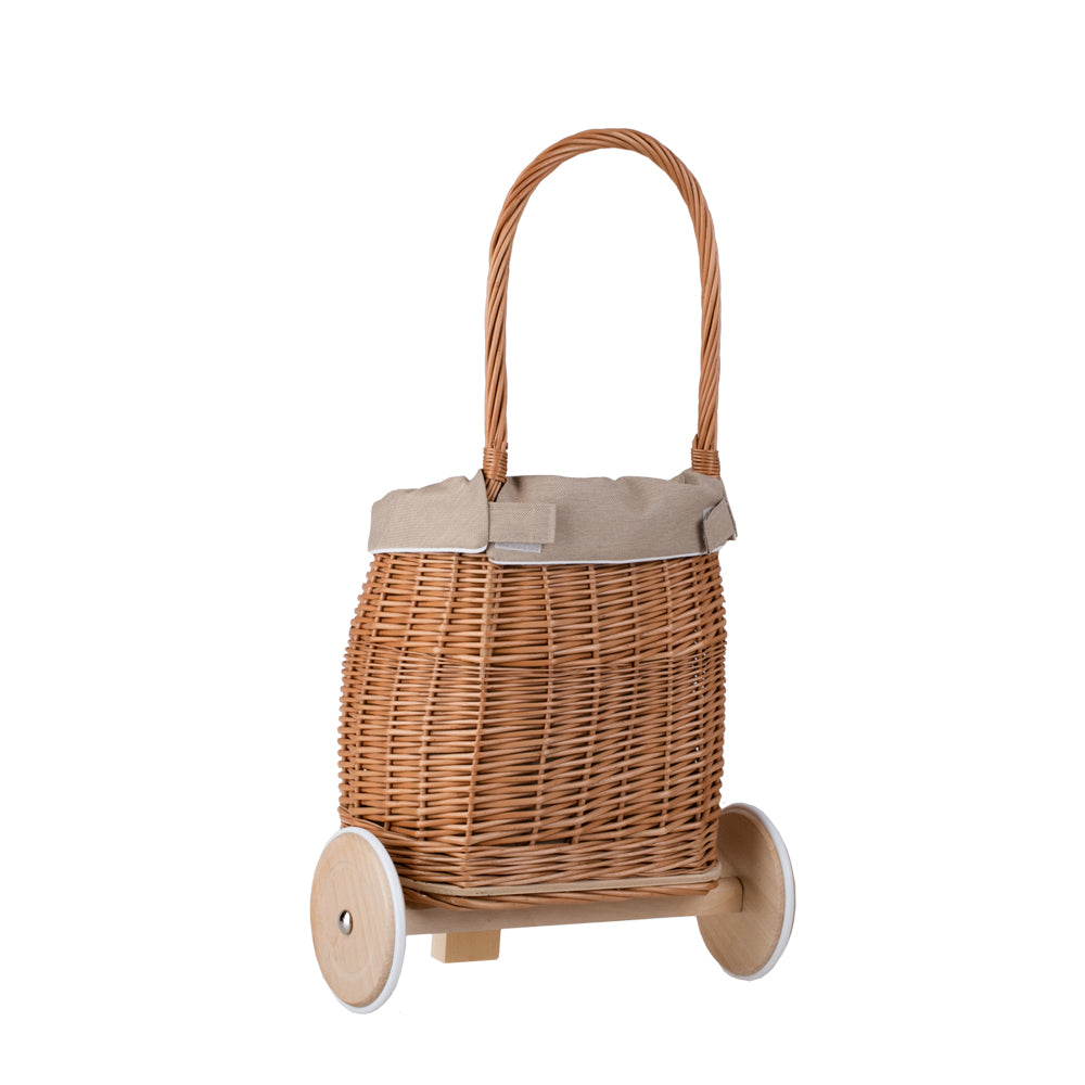 Luke wicker doll stroller with beige trim, handle, and wooden wheels TheWickerStories