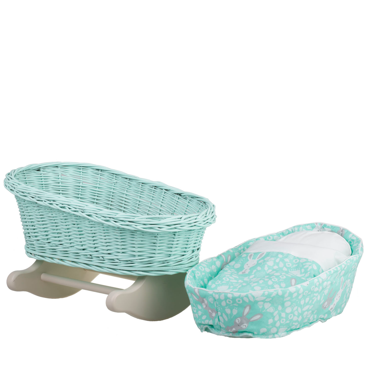 Mimi wicker cradle for dolls with mint lining, pillow and quilt TheWickerStories