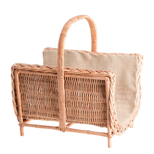 Ferla Rieten mand voor haardhout met jute afwerking en handvat