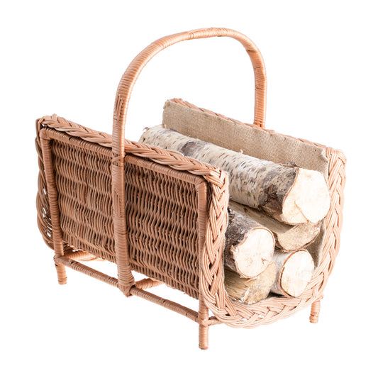 Ferla Rieten mand voor haardhout met jute afwerking en handvat