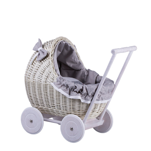 Lili wicker doll stroller with gray trim, blanket, and pillow