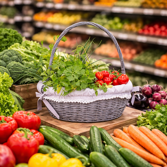 wicker display basket with gray trim